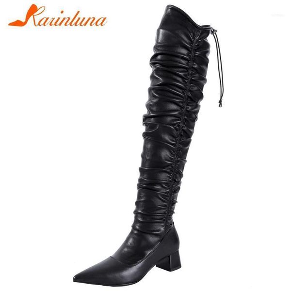 

boots karin genuine leather female pleated novelty pointed toe chunky heels thigh high women over the knee shoes11, Black