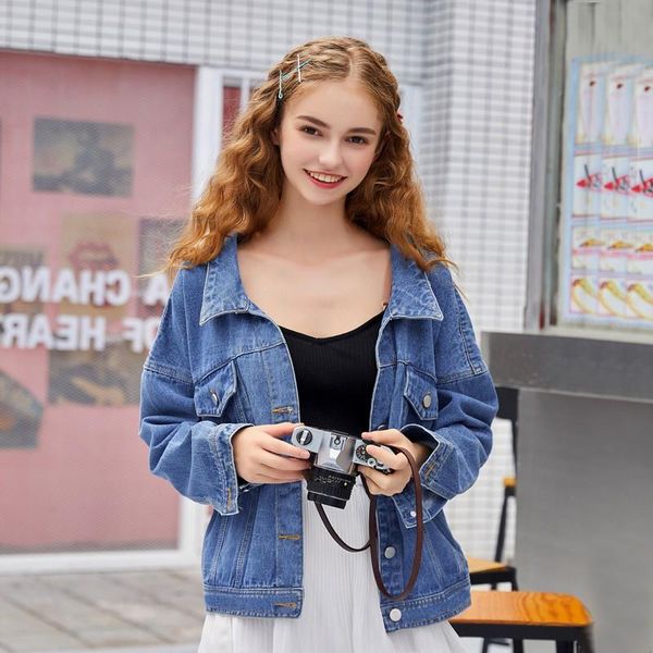 

women's jackets harajuku blue washed back lace up bow denim jacket women spring loose plus size long sleeve jeans student basic coat, Black;brown