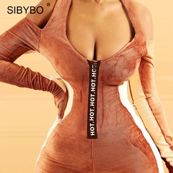 

2021sibybo velvet halter backless womens romper jumpsuits autumn patchwork bodycon playsuits zipper sporty fitness overalls, Black;white