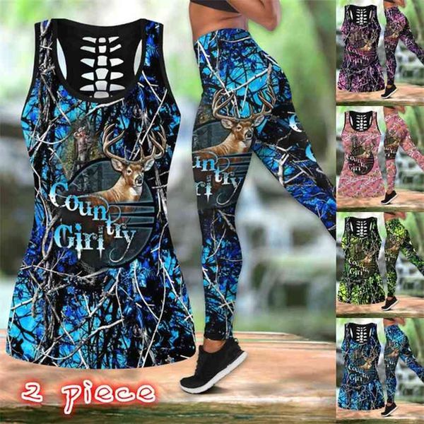 

two piece yoga set women deer print sports suits high waist leggings and tank summer gym workout lounge sets outfits 210909, Gray