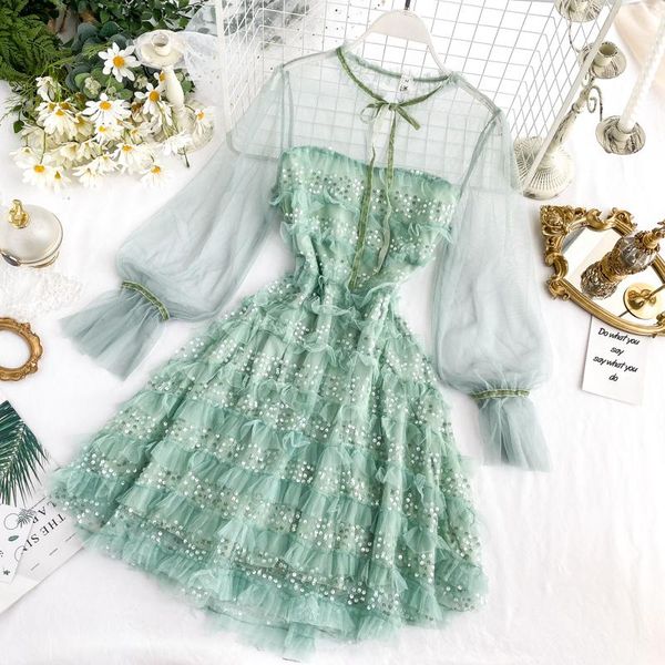 

casual dresses 2021 women lantern sleeve pleated bling sequined mesh gauze tulle ruffles dress female elastic slim party pullover midi, Black;gray