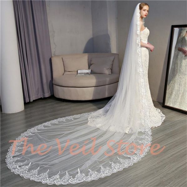 

bridal veils cathedral long appliques trim wedding luxury ivory tulle veil velos de novia voile mariee mariage longue 3m 5m, Black