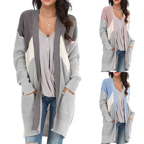 

winter casual v-neck long cardigan for women autumn patchwork sleeve pocket knitted sweater womens cardigans kobieta swetry 210604, White
