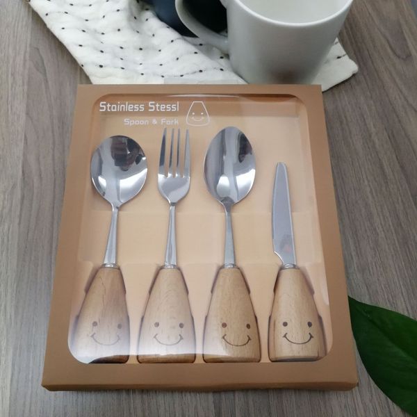 

cute smile flatware set kids dessert spoon stainless steel fork fruit ice cream scoops gift box package birthday wedding party favor small g