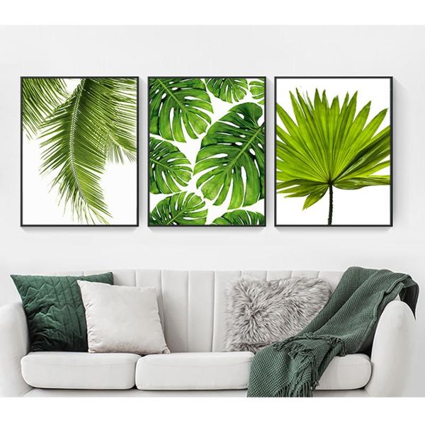 

paintings poster greenery wall picture room decoration tropical banana leaf canvas painting fresh palm leaves nordic green plant