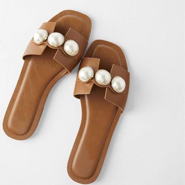 

slippers women's pearl string bead a word belt holiday flat shoes beach women sandals zapatos de mujerhn6, Black