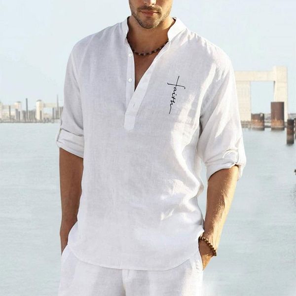 

men's casual shirts long sleeve shirt linen men clothing summer letter print pullover single-breasted mens blouse, White;black