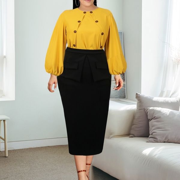 2 Parça Set Kadın Etek Ve Üst Sarı Bluzlar Uzun Fener Kol Düğme Dekorasyon Ofis Bayan İş Giyim Sonbahar Est Kadın 210527
