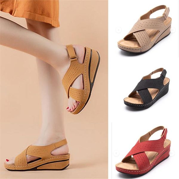 

sandals wedge soft sole fish mouth hollow breathable women's pure color simple thick bottom increased middle-aged women, Black