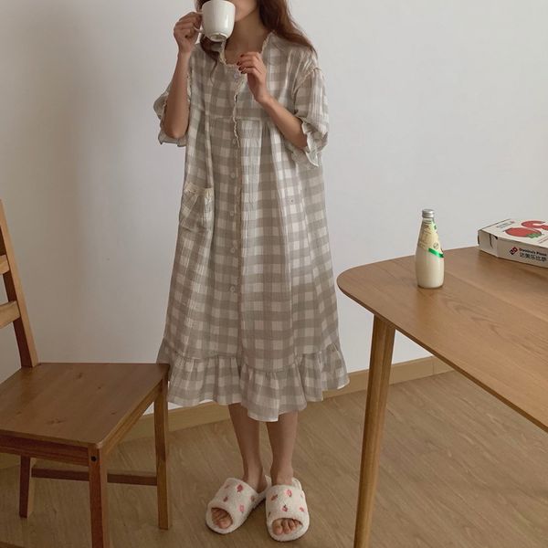

women's sleepwear gray plaid sleepwear women nightgown short sleeve summer single breasted sleepdress casual cotton nightdress hom, Black;red