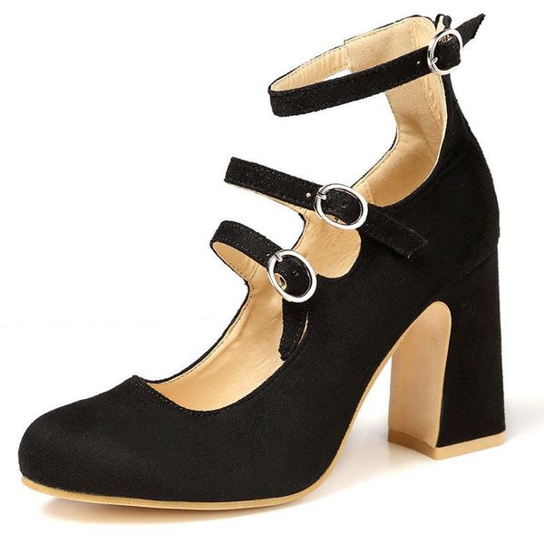 

dress shoes pumps 2021 large size high heel women's word buckle with round head thick heels solid color, Black