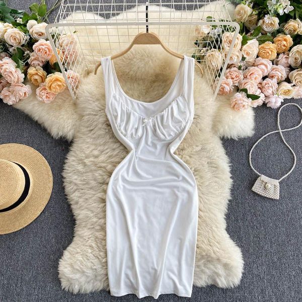 

casual dresses 2021 summer women's dress european solid color bow round neck sleeveless short slim waist female lh516, Black;gray