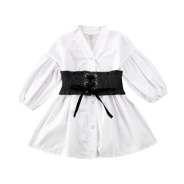 

shirts 1-6y toddler kids baby girls blouse dress clothes v neck long puff sleeve waist white a-line shirt outfit, White;black
