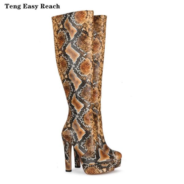 

boots women brown snakeskin leather high heel long fashion over the knee thigh lady knight 35-43, Black