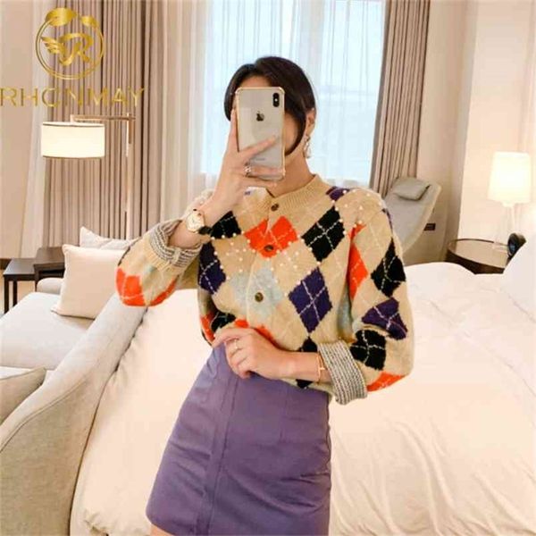 

geometric rhombic cardigan sweater women winter warm long sleeve outerwear elegant single breasted o-neck chic knit 210506, White;black