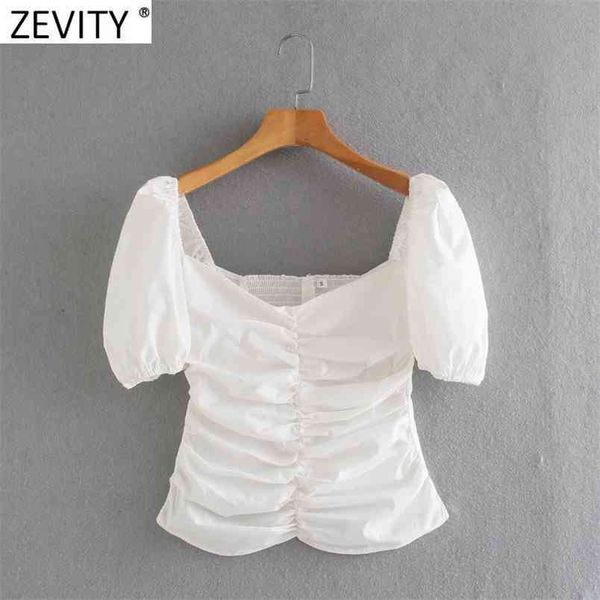 

women vintage square collar pleated slim short shirts lady puff sleeve back elastic zipper blouse roupas chic ls9133 210420, White