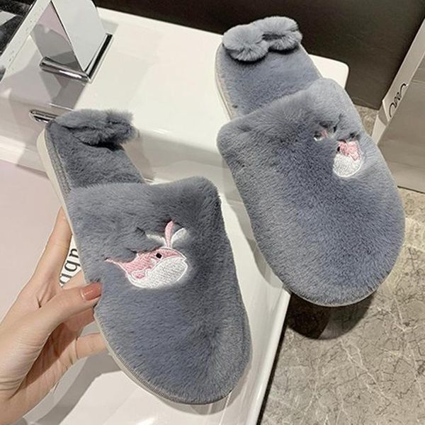 

cuter whale embroider fur mules women furry slides 2021 winter warm plush shoes for cozy cover toe slippers woman36-41, Black