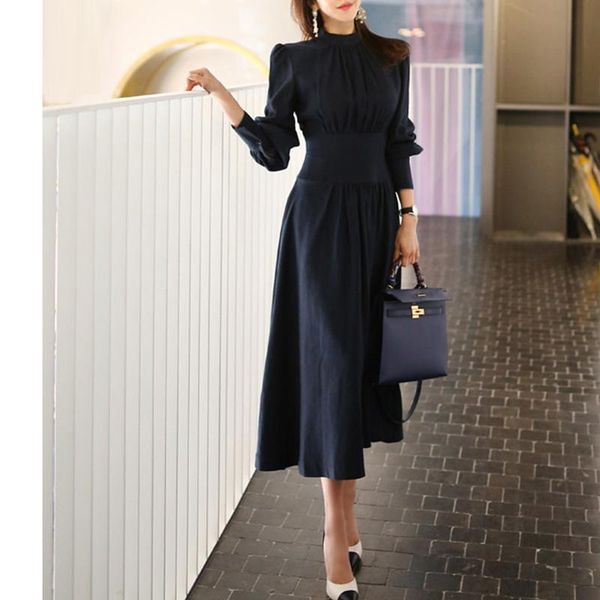 

casual dresses office ladies stand collar lantern sleeve women dress elegant slim waist a-line ruched female party vestidos femme, Black;gray