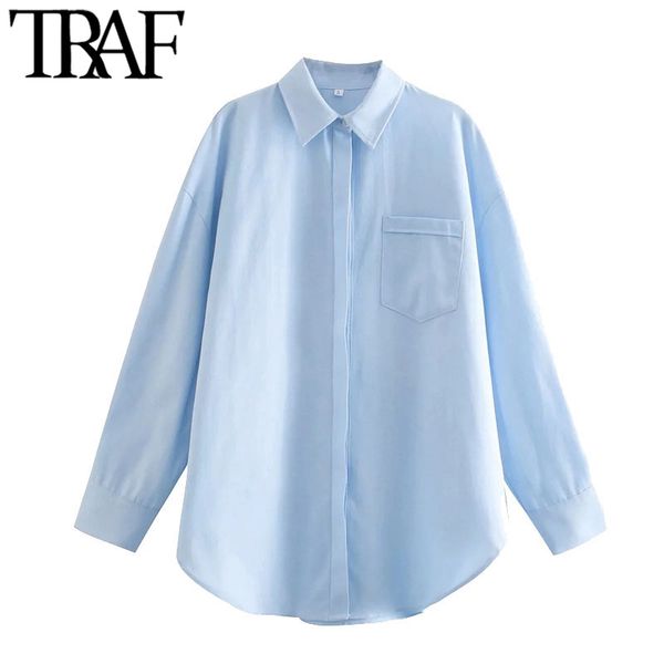

traf women fashion with pockets loose asymmetric blouses vintage long sleeve button-up female shirts blusas chic 210415, White