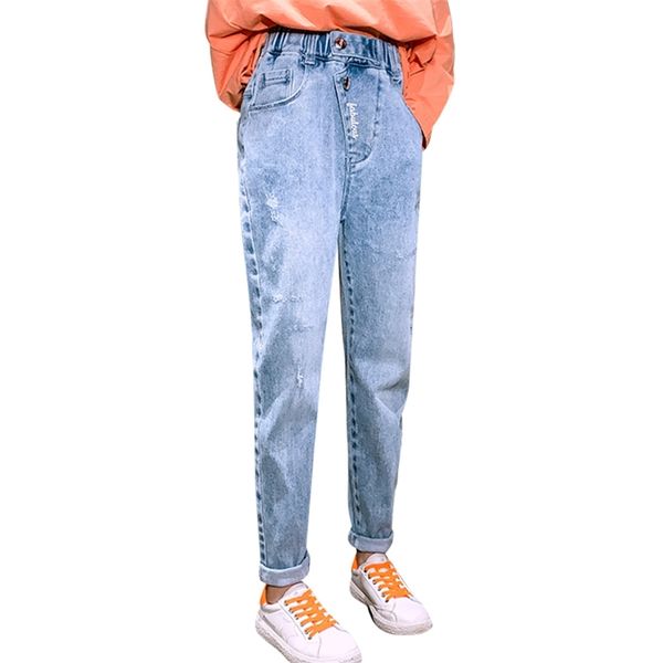 

jeans for girls letter embroidery kid ripped clothes spring autumn 210527, Blue