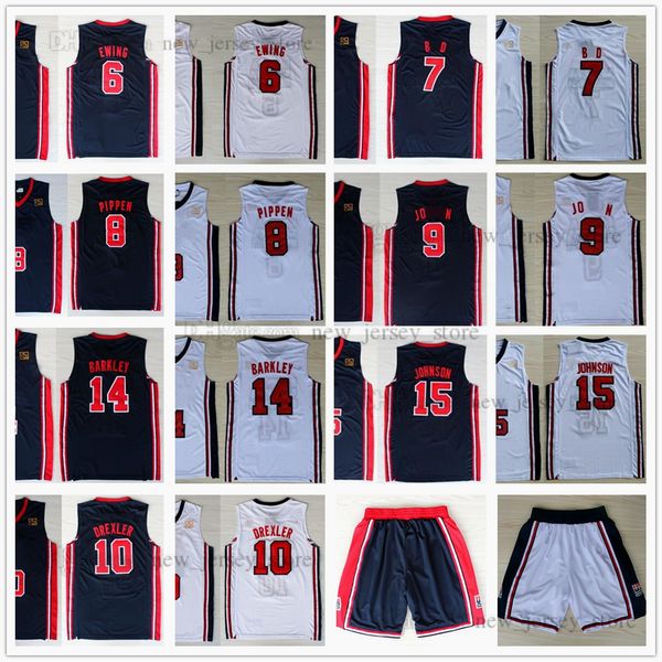 Camisas de basquete da equipe de 1992 6 Patrick 8 Scottie Ewing Pippen 10 Clyde 14 Charles Drexler Barkley 15 Johnson Jersey Stitched Blue White Shorts Custom XS-6XL masculino juventude