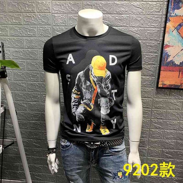 

summer trend men's character print short slim fit youth round neck half sleeve t-shirt fashion, White