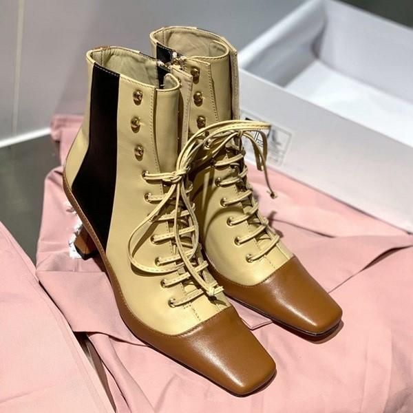 

boots high heel for women color matching square head female low-cut cool middle thin lace-up zipper 2021 designer, Black