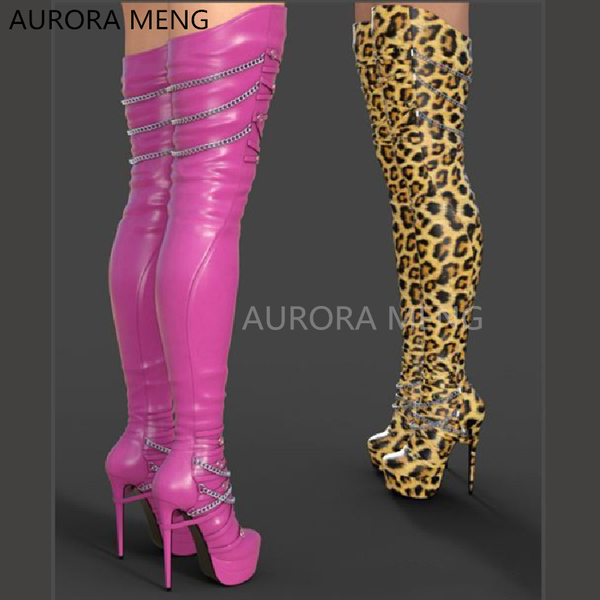 

boots women platform thigh high autumn metal chain leopard stiletto heel over the knee stretchy shoes botas de mujer, Black