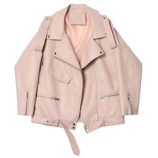 

women's leather & faux autumn women soft loose jacket coat turndown collar zipper pu motorcycle overcoat female rivet punk, Black