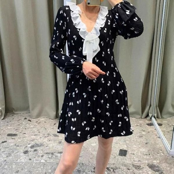 

casual dresses 2021 women's v-neck ruffles mini dress bows print long sleeve ladies slim pleated short robes fashion, Black;gray