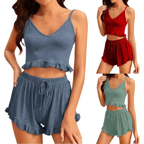 

women's shorts ladies pajama set two piece solid sleepwear ruffle spaghetti strap v neck pijama night home suits wear shorts, White;black