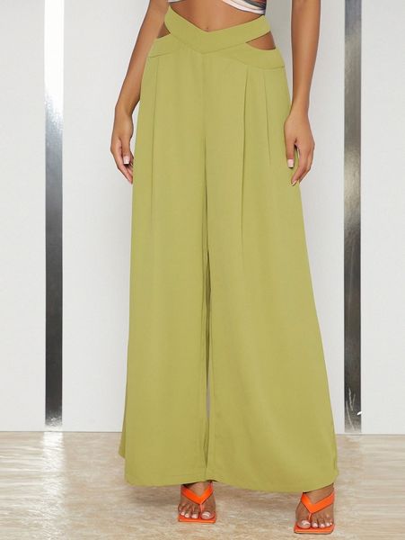

cut-out fold pleated wide leg pants 02kg#, Black;white