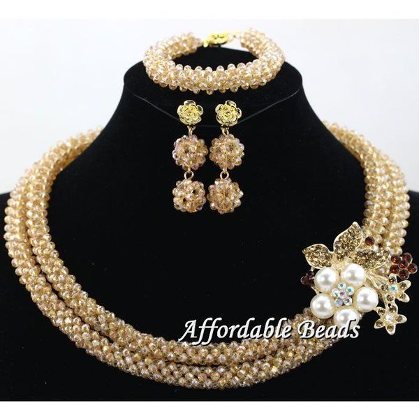 

earrings & necklace champagne african beads jewelry sets crystal beaded bridal nigerian wedding set hx045, Silver