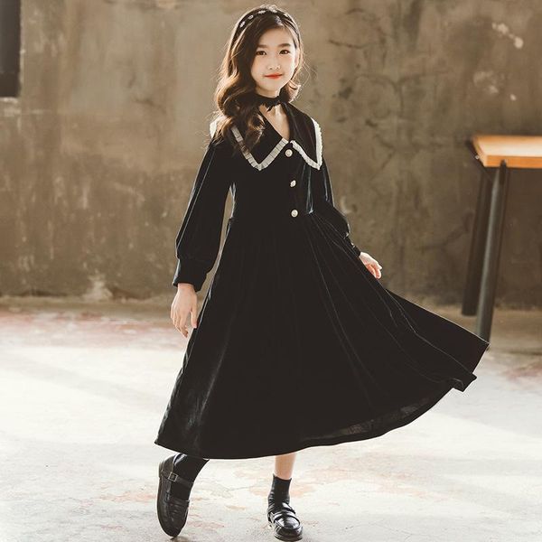 

girl's dresses girls velvet retro long dress 2021 autumn and winter sleeves princess fashion kids clothes, #6604, Red;yellow