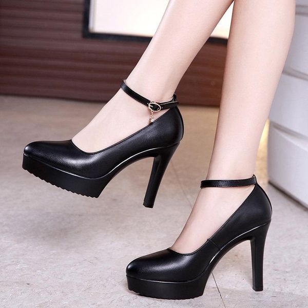 

ankle buckle stilettos shoes women pumps 2021 spring high heel elegant office shoe ladies wedding big size 41 42 dress, Black