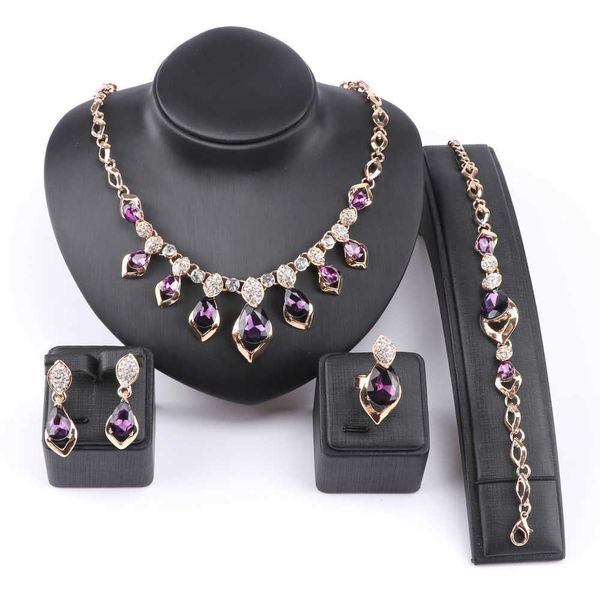 Jóias Africanas Conjunto de Ouro Cor Roxo Zircão Austríaco Mulheres Cristal Colar Colar Brinquete Brinco Anel Jóias Jóias H1022