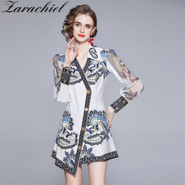 

women elegant printed v neck long lantern sleeve party dress summer ladies irregular single-breasted asymmetrical dresses 210416, Black;gray