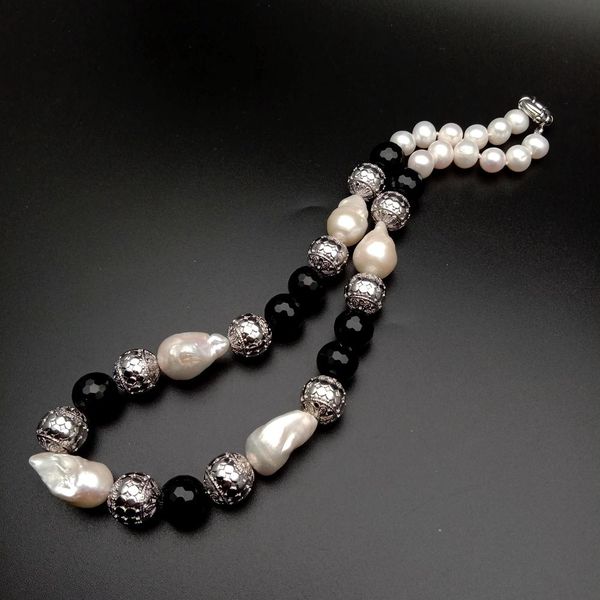 

yygem natural freshwater cultured pearl white keshi black onyx round necklace 21" fashion for women, Silver