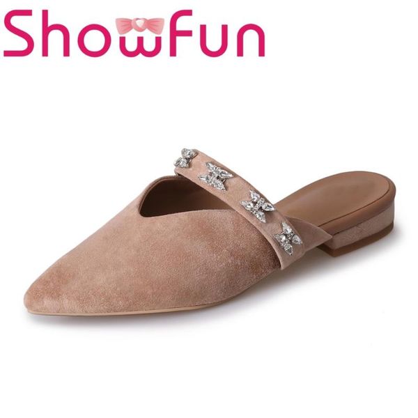 

slippers showfun genuine leather shoes woman summer outside kid suede solid geometric crystal square heel, Black
