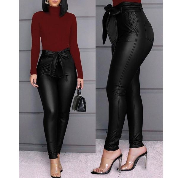 

women's pants & capris women pu leather trousers female stretchy skinny pencil lace up high waist pantalon femme, Black;white