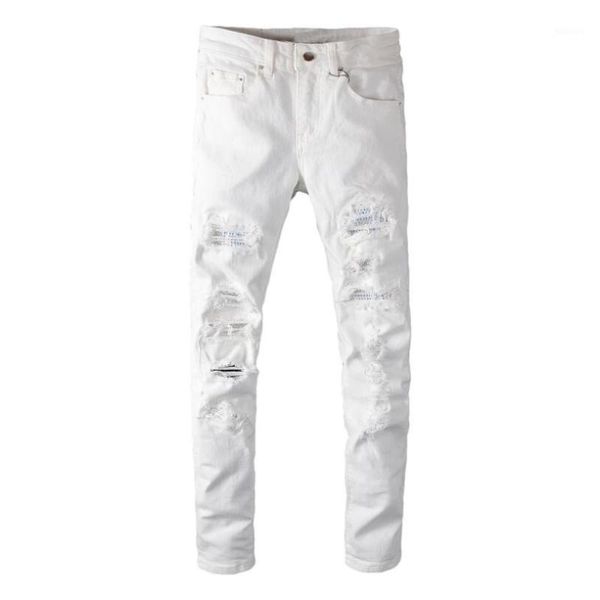 

men's jeans men white ripped skinny biker holes solid washed motorcycle destroyed straight pants slim fit denim scratched overalls, Blue