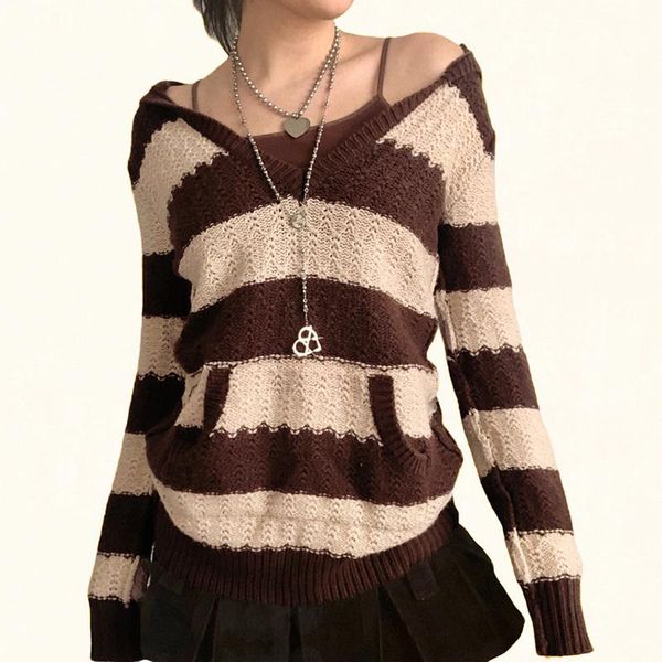 

women's sweaters fall fashion striped contrast color long sleeve women hooded casual knitted pullovers vintage sweater harajuku, White;black