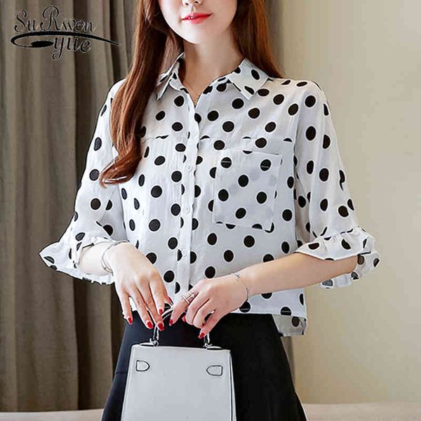

summer lady's short sleeve polka dot chiffon shirt blouse women elegant all-match tunic 8668 50 210427, White