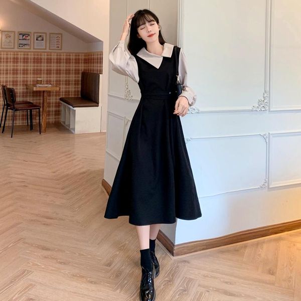 

french retro fake two piece puff sleeve woman dress irregular turn down collar fit and flare mujer elegant clothes spring casual dresses, Black;gray
