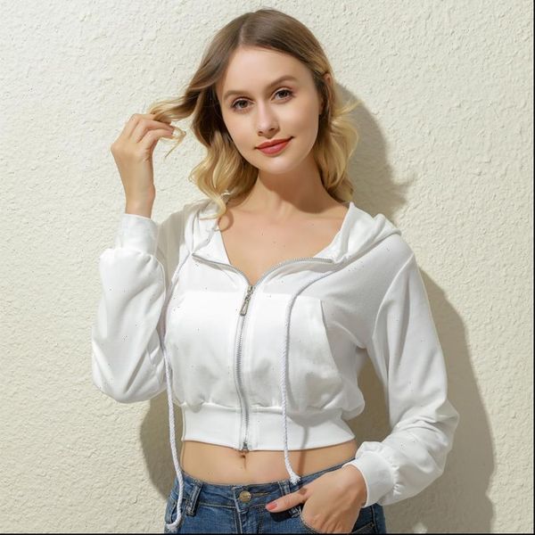 

zip up autumn winter pockets women hoodies slim crop jacket clothes drawstring white hoody cotton coats, Black