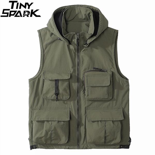 

sleeveless hip hop style men's vests, street wear, hoods, tactical bombers, military, multi pocket, 2021 jackets, Black;brown