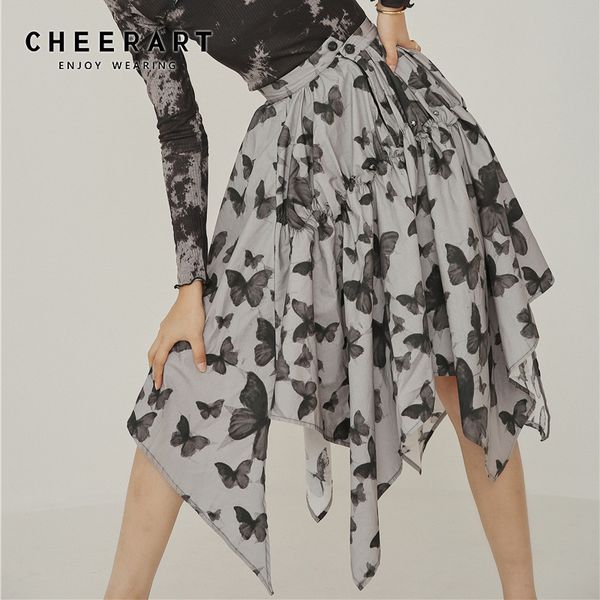 

butterfly grey asymmetrical skirt women high waist autumn knee length ruched fashion 210427, Black