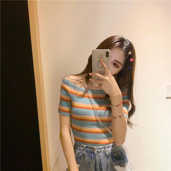 

women's t-shirt woman tshirts summer rainbow striped short-sleeved knitted off-shoulder z020123jj crop mujer camisetas, White