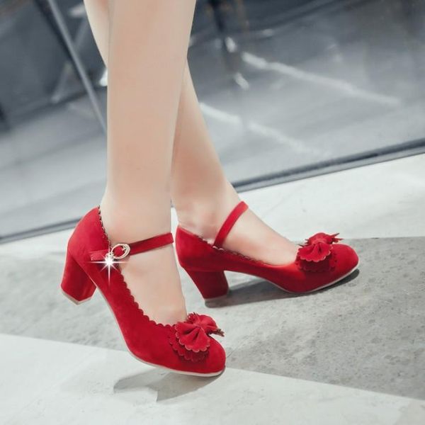

dress shoes sweet lolita japanese bow thick crust black beige red cos female students tide med heels 5cm plus size 31-48