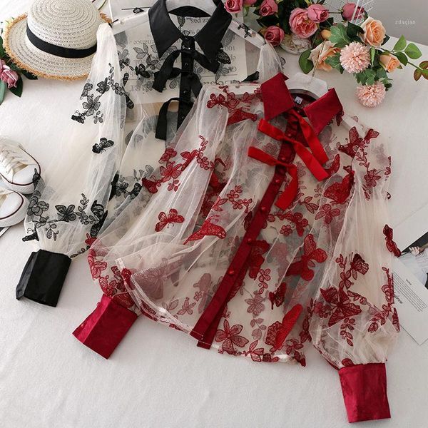 

women's blouses & shirts women blouse embroidered butterfly mesh hollow shirt long-sleeved lace blusas ropa de mujer, White